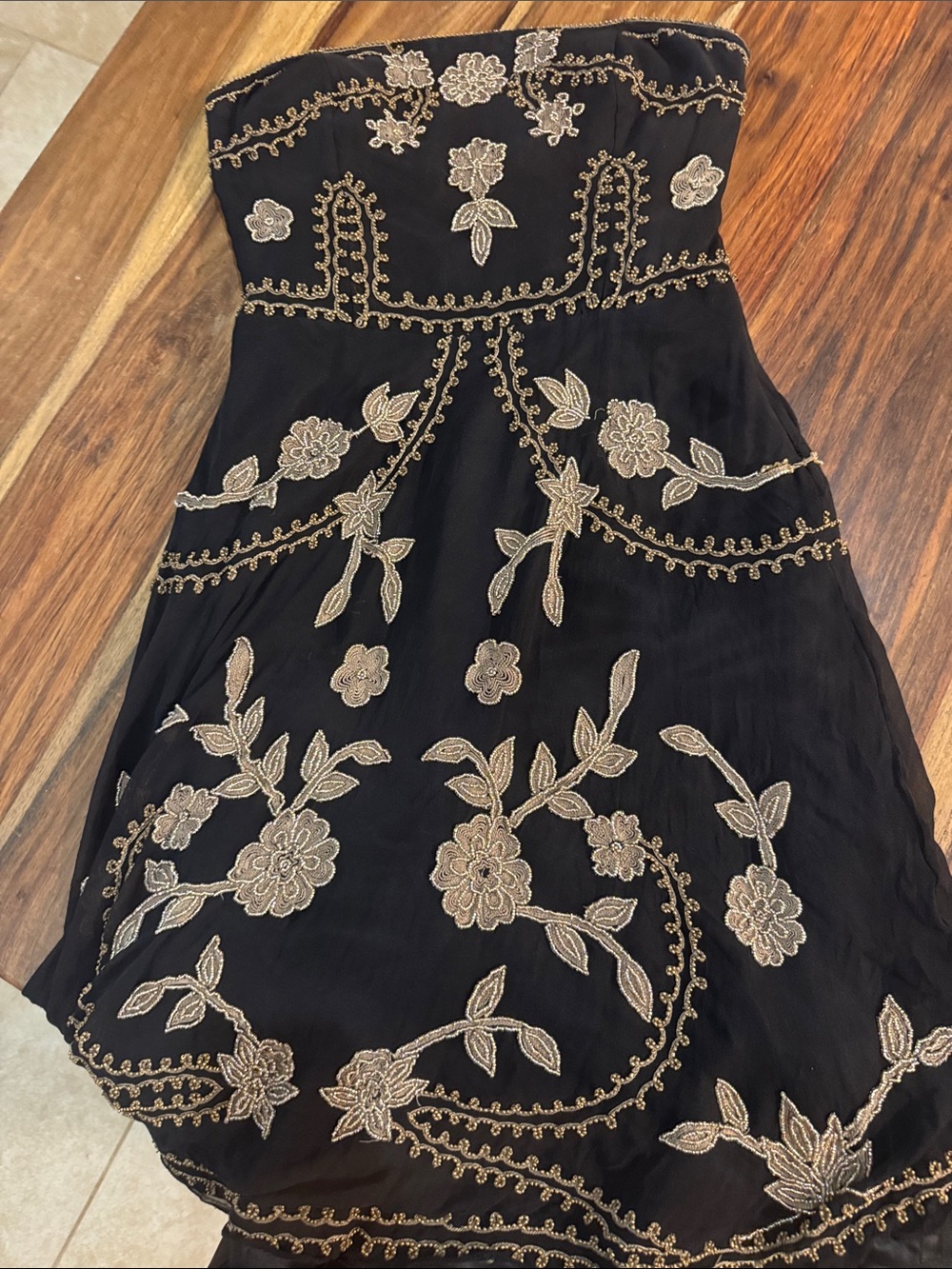 Adrianna Papell Black Strapless Dress with Tan Floral Embroidery. Sz 8